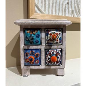 WORLD MARKET ECLECTIC TEA BOX, JEWELRY BOX, SALT BOX wood & painted ceramic